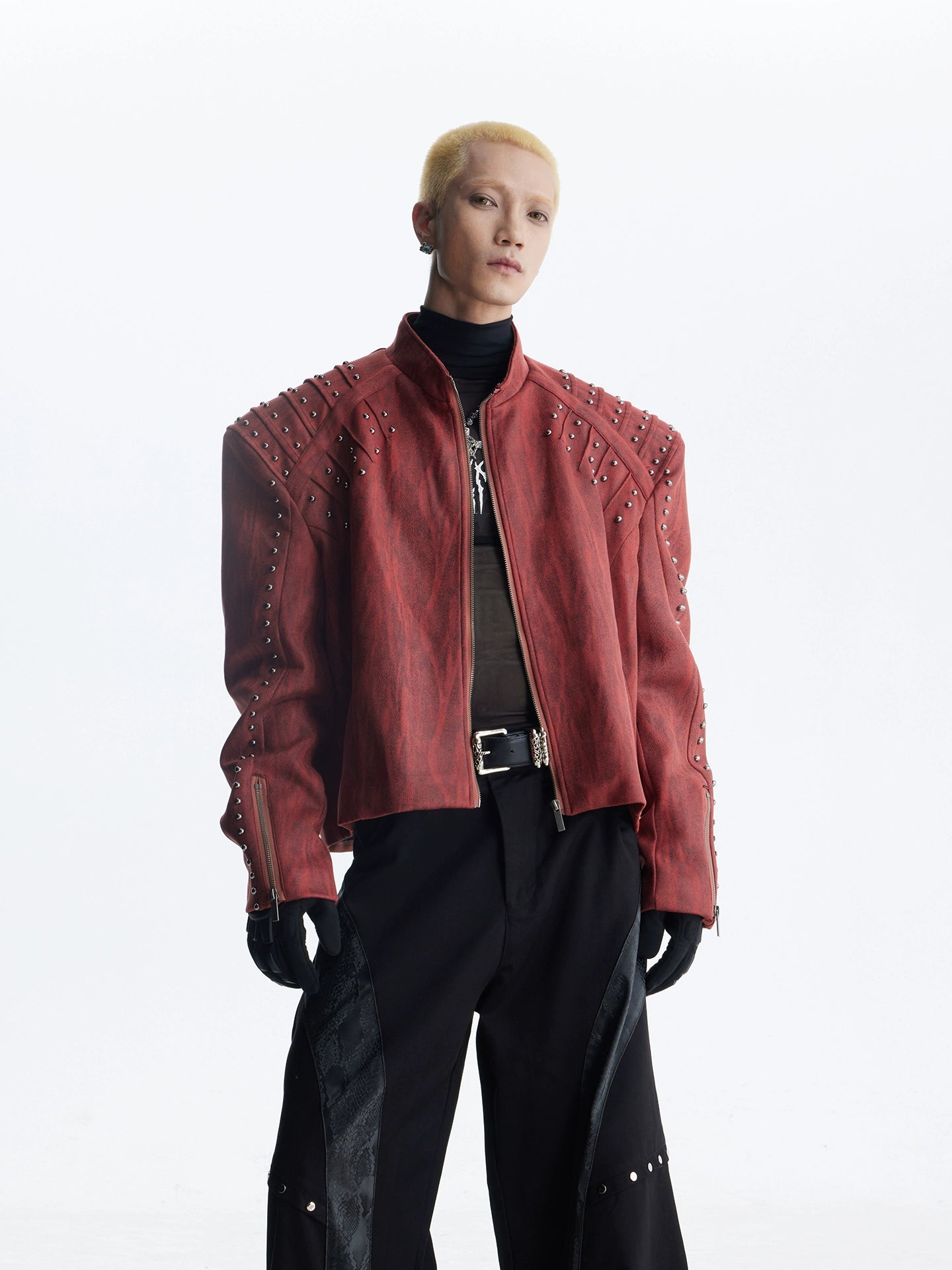 Matte Studs Shoulder-Pad PU Leather Zipper Jacket WN20818