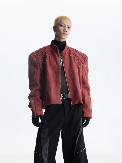 Matte Studs Shoulder-Pad PU Leather Zipper Jacket WN20818