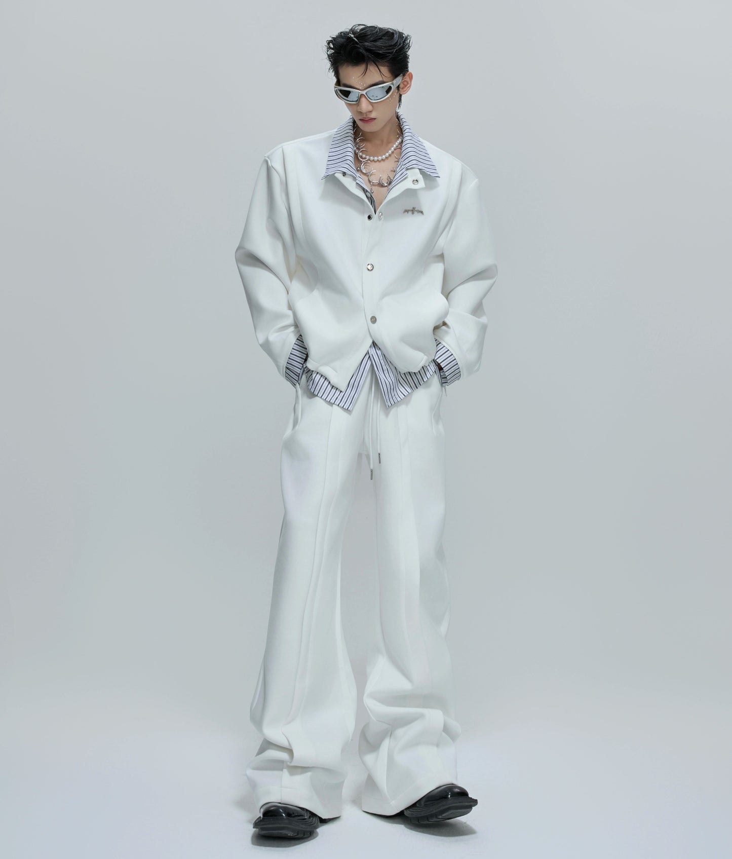 Striped Fake Layered Jacket & Flare Pants Setup WN21755