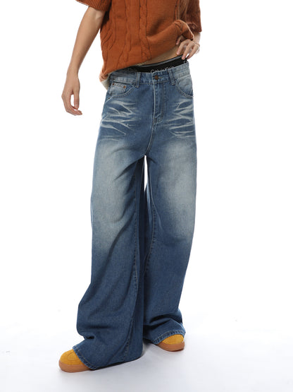 Washed Wide-Leg Straight Denim Jeans WN7078