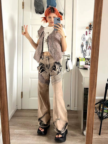 Washed Deconstructed Wide-Leg Straight Denim Jeans WN17051