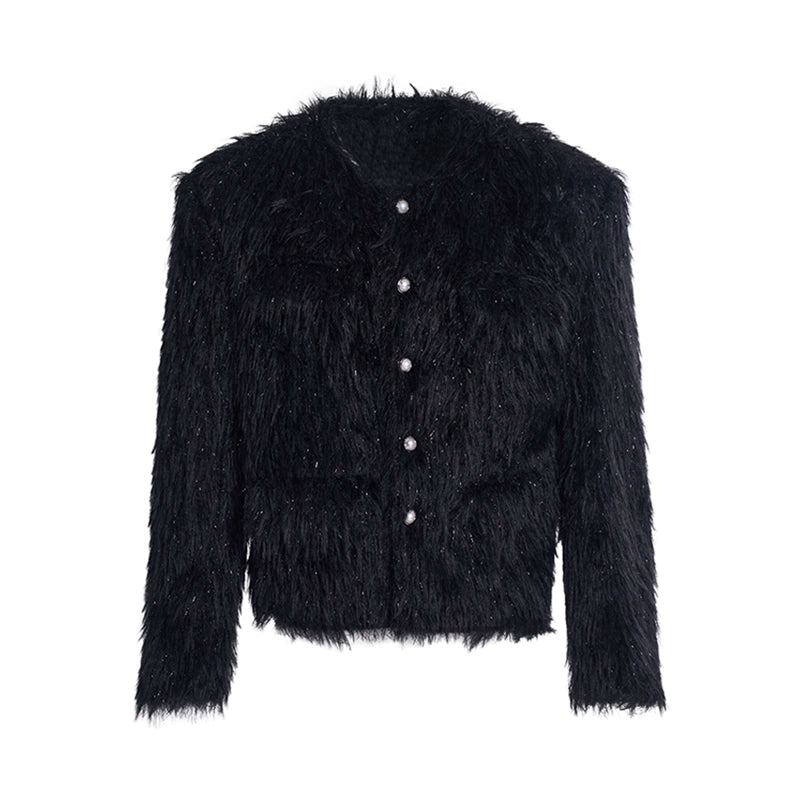 Tweed Shoulder-pad Fur Jacket WN10218