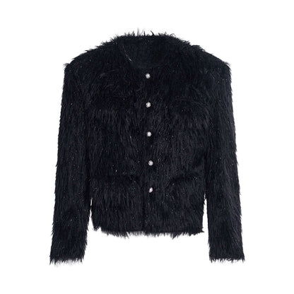 Tweed Shoulder-pad Fur Jacket WN10218