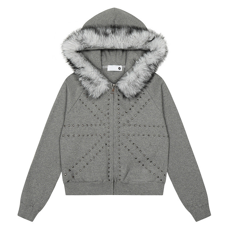Fake Fur Collar Studs Design Zipper Hoodie WN23579