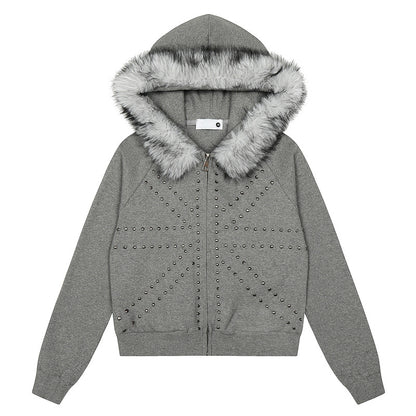 Fake Fur Collar Studs Design Zipper Hoodie WN23579