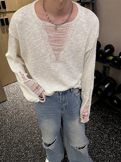 Grunge Deep V-Neck Long Sleeve T-Shirt WN25343