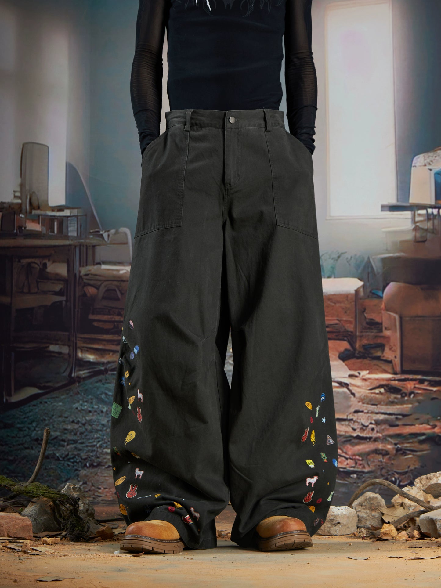 Cartoon Embroidery Wide Leg Pants WN21366