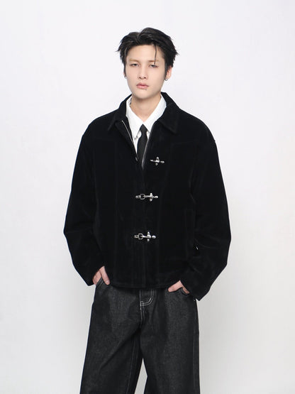 Washed Metal Buckle Button Suede Jacket WN24480