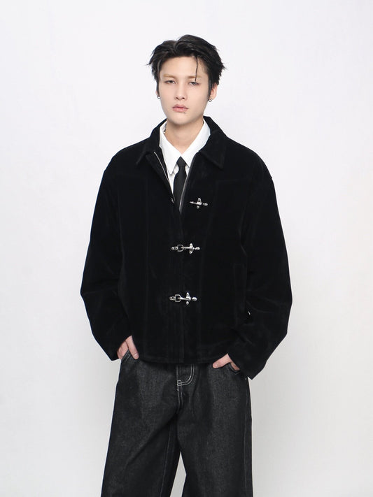 Washed Metal Buckle Button Suede Jacket WN24480
