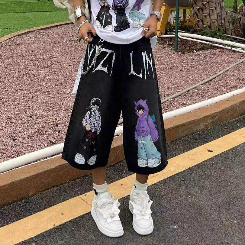 Illustration Print Wide Leg Denim Half Jeans & Denim Jeans WN24056