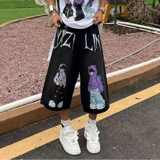 Illustration Print Wide Leg Denim Half Jeans & Denim Jeans WN24056