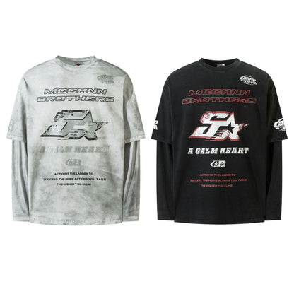 Fake Layered Dirty Dye Print Long Sleeve T-Shirt WN25581