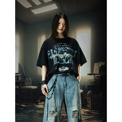 Washed Graphic Letter Print Oversize Short Sleeve T-Shirt WN18495