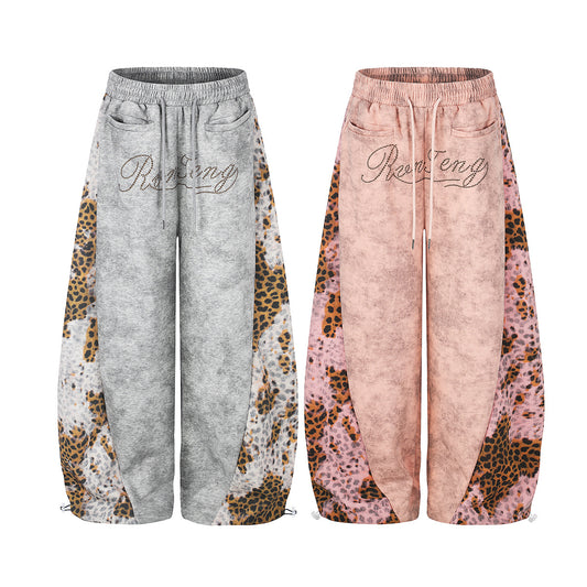 Leopard Print Curved Studs Wide Leg Sweatpants WN25700