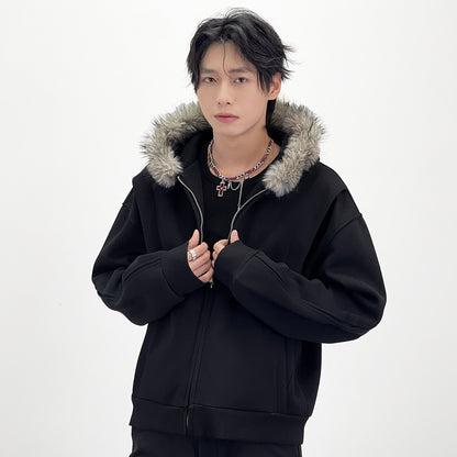 Fake Fur Collar Deconstructed Short Length Oversize Hoodie WN24236