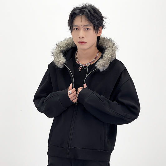 Fake Fur Collar Deconstructed Short Length Oversize Hoodie WN24236