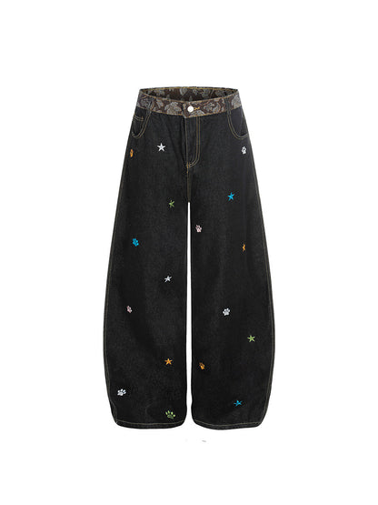 Star Embroidery Wide Leg Denim Jeans WN24153