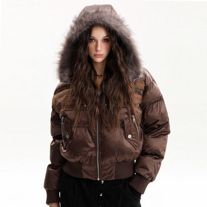Hooded Fake Fur Collar Pockets Short Puffer Jacket WN21887