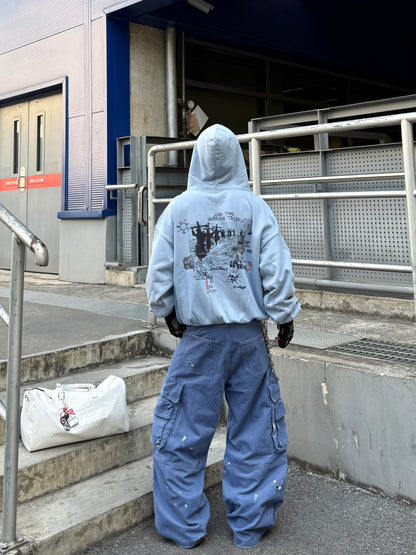 Washed Patch Damage Straight Cargo Denim Jeans WN24100