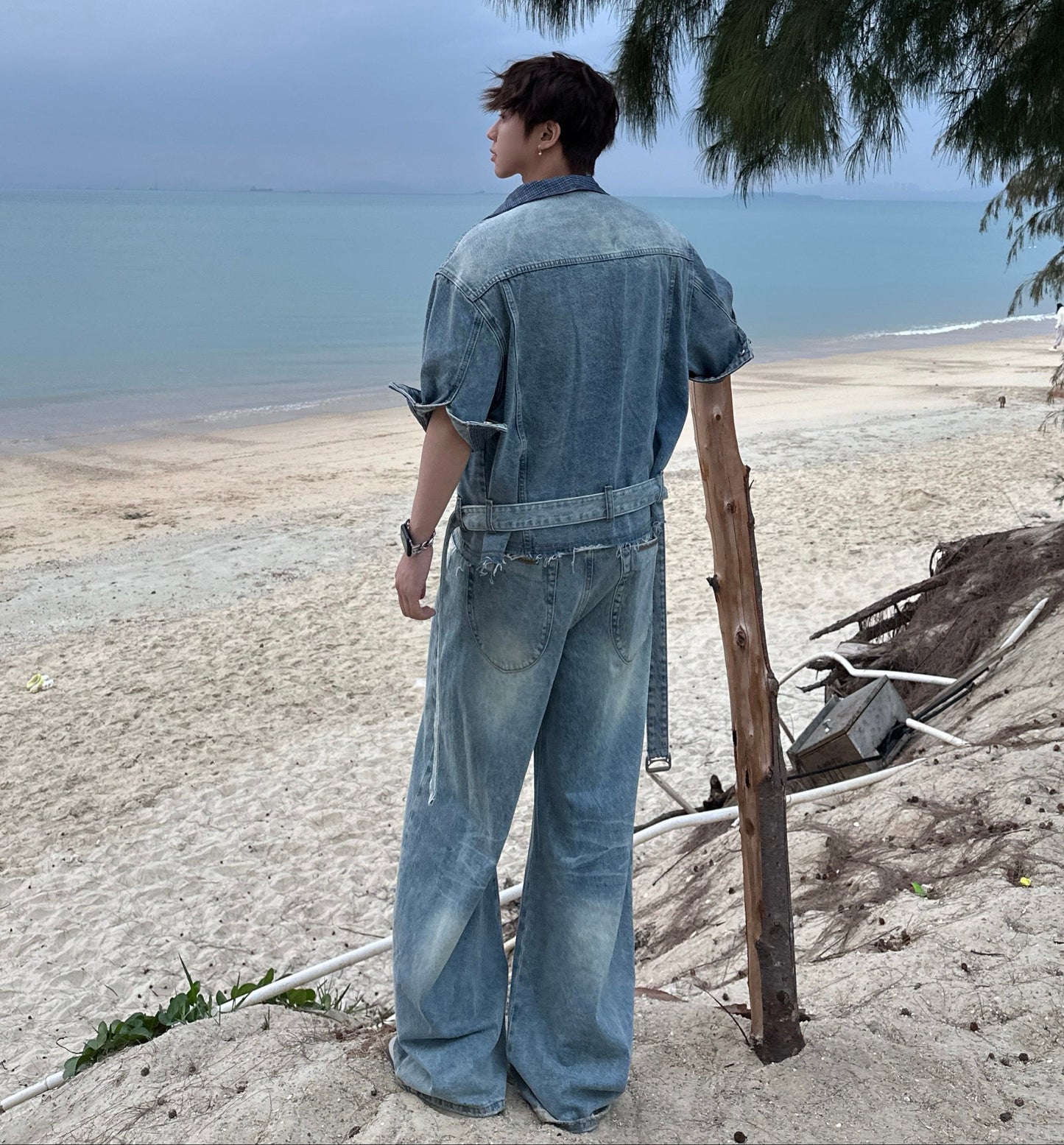 Fade Damage Short Denim Jacket & Damage Wide Leg Denim Jeans Setup WN25335