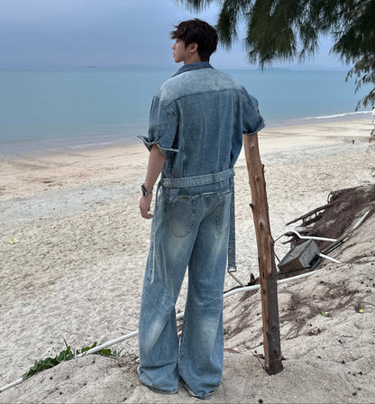 Fade Damage Short Denim Jacket & Damage Wide Leg Denim Jeans Setup WN25335