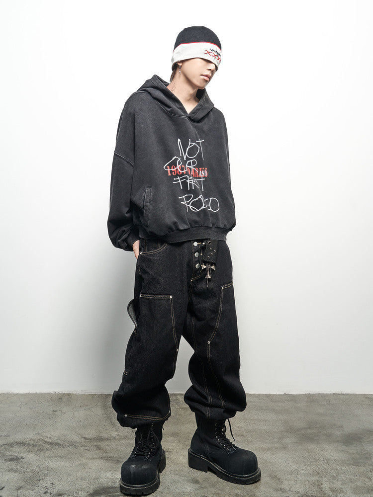 Colorblock Letter Print Washed Cropped Oversize Hoodie WN22972