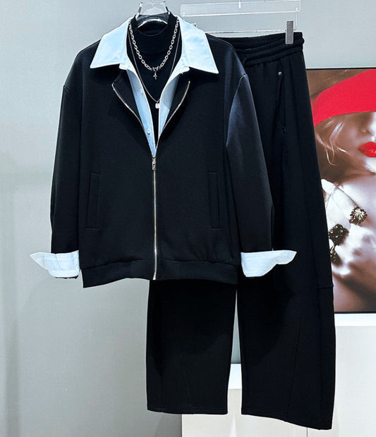 Heavyweight Fake Layered Patchwork Jacket & Wide-Leg Sweatpants Setup WN23959