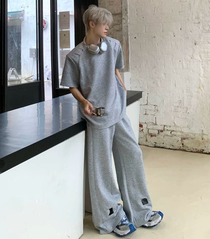 Damage Plain Short Sleeve T-Shirt & Wide Leg Pants Setup WN19729