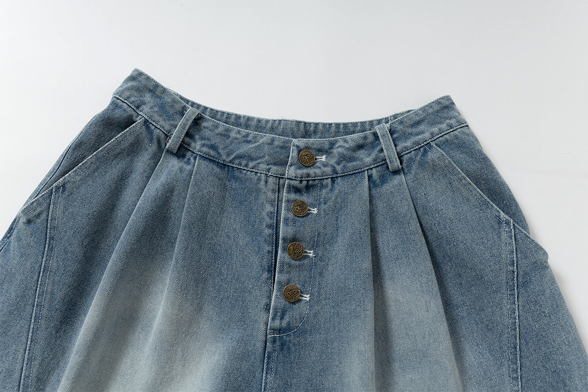 Lace-Up Washed Wide Leg Denim Short Pants WN25611