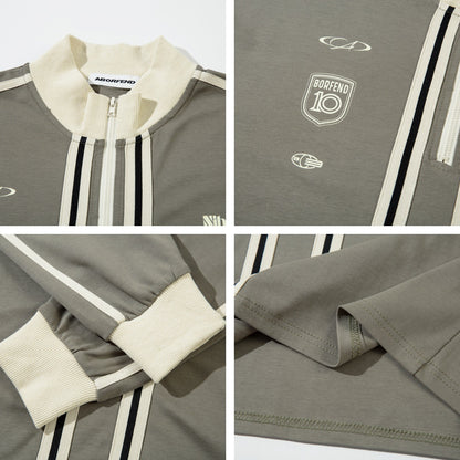 Half Zipper High-Neck Stripe Letter Print Long Sleeve T-Shirt WN26871