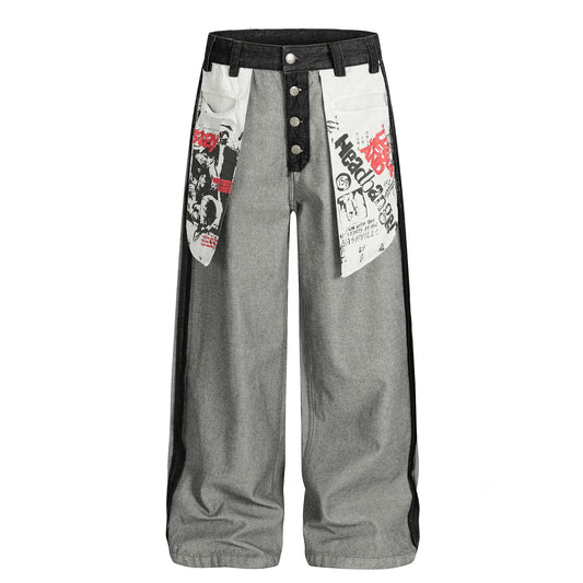 Print Deconstruction Wide Leg Denim Jeans WN25871