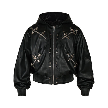 Studs Cross Zip PU Leather Jacket WN26671
