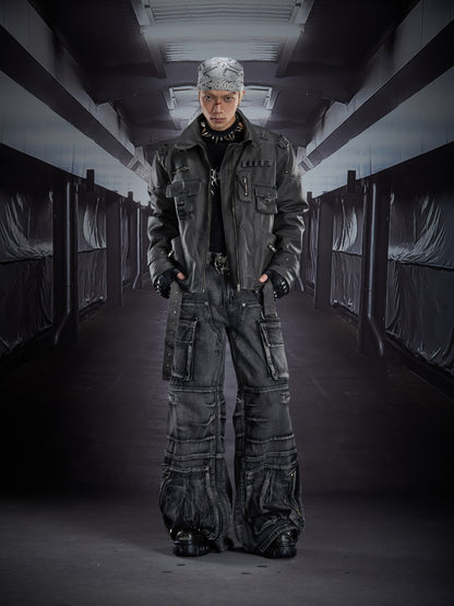 Heavy Deconstruct Patchwork Fitted Short PU Leather Jacket WN22910