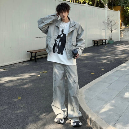 Washed Workwear Straight Oversize Denim Jacket & Wide Leg Straight Cargo Denim Jeans Setup WN23170