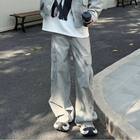 Washed Workwear Straight Oversize Denim Jacket & Wide Leg Straight Cargo Denim Jeans Setup WN23170