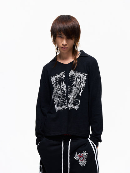 Reaper Angel Rune Print Polo-Collar Long Sleeve T-Shirt WN27326