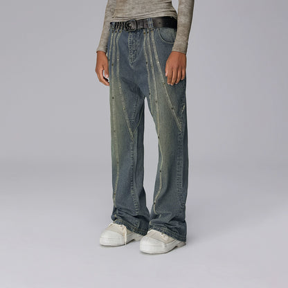 Wash Rivet Patchwork Flare Denim Jeans WN17931