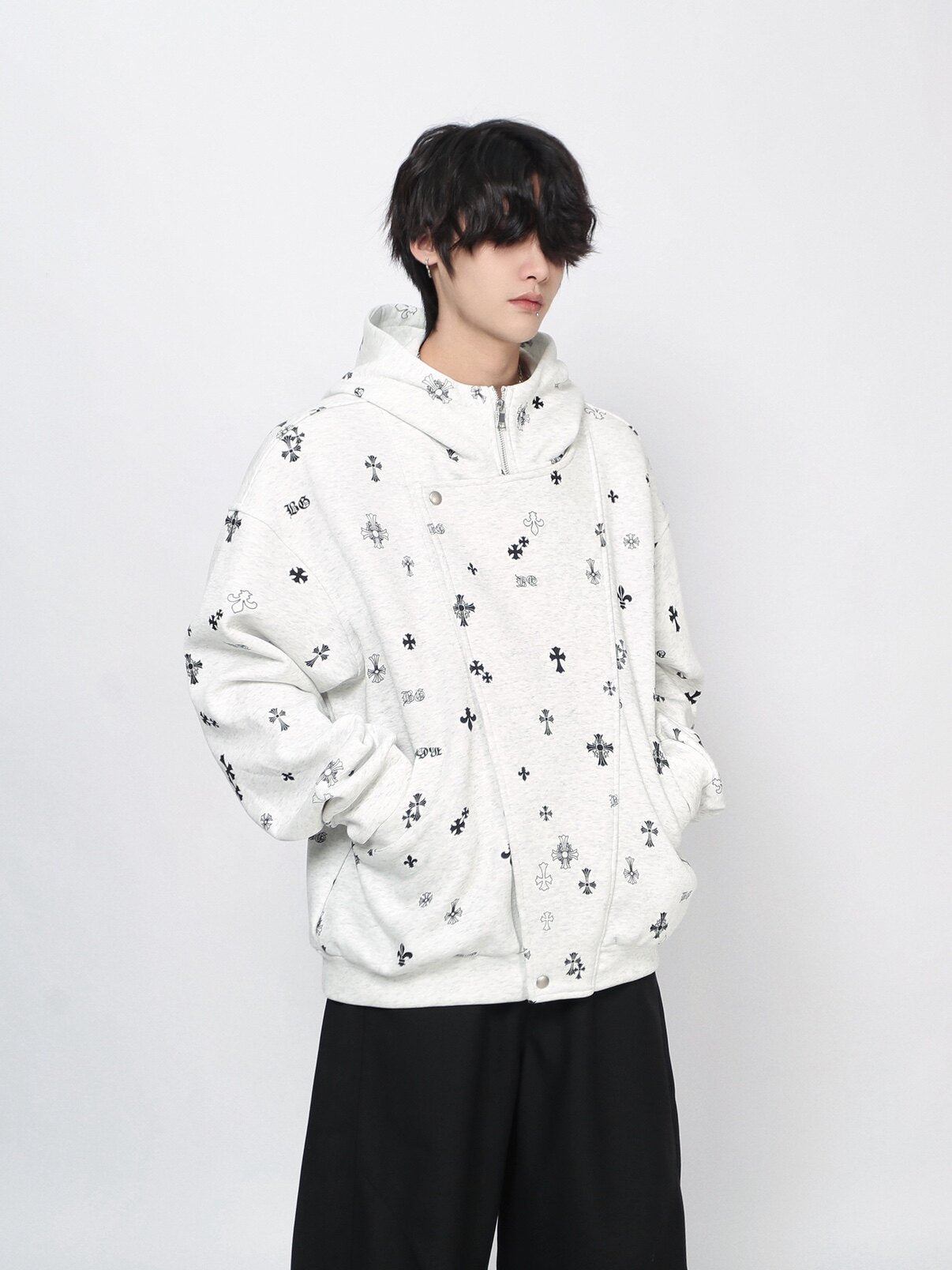 Cross Print Oversize Zipper Hoodie WN24440