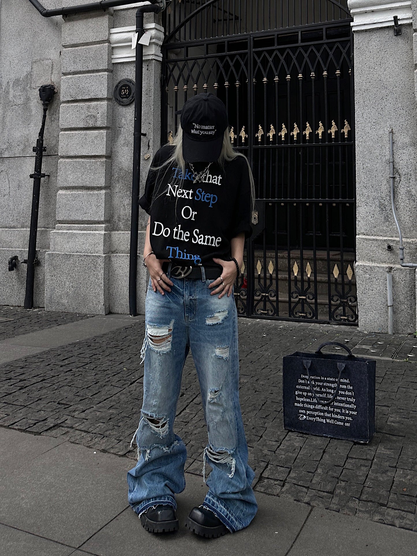 Cutout Damage Fringe Whisker Stacked Flare Denim Jeans WN24226