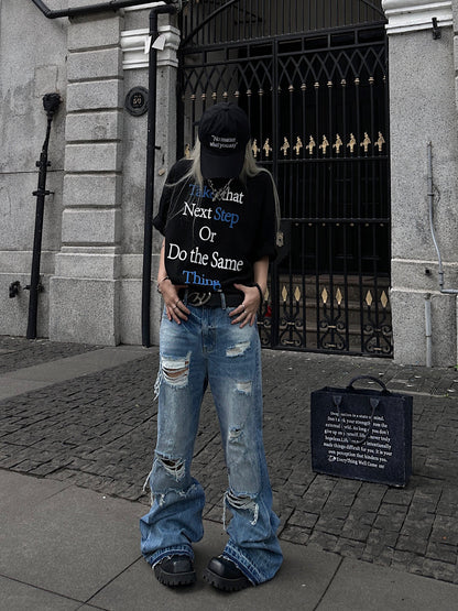 Cutout Damage Fringe Whisker Stacked Flare Denim Jeans WN24226