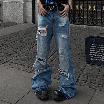 Cutout Damage Fringe Whisker Stacked Flare Denim Jeans WN24226