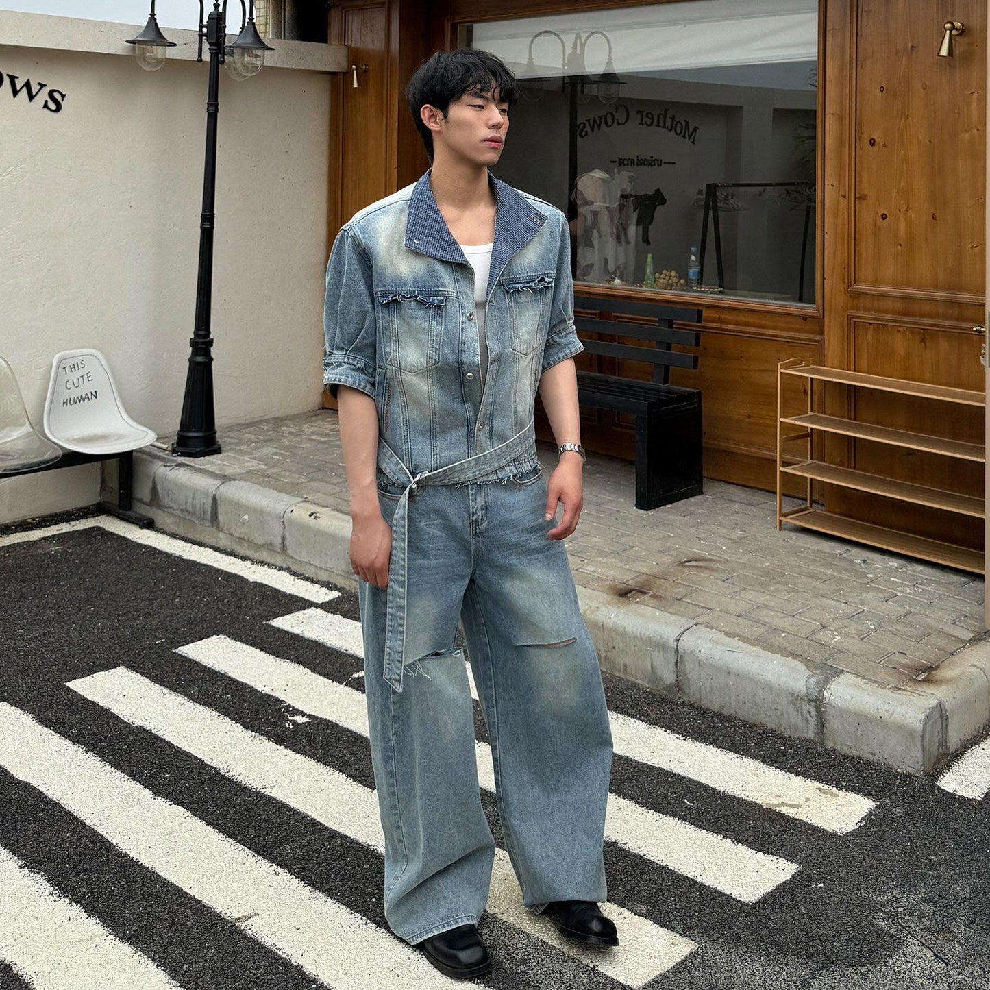 Washed Denim Short Sleeve Shirt & Damage Wide Leg Denim Jeans Setup WN24877