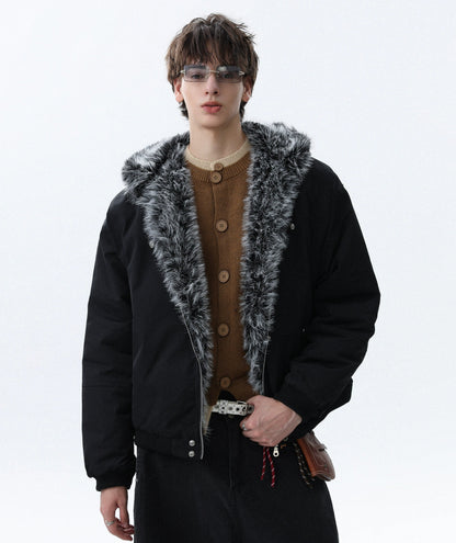 Fake Fur-Collar Hooded Zipper Jacket WN22089