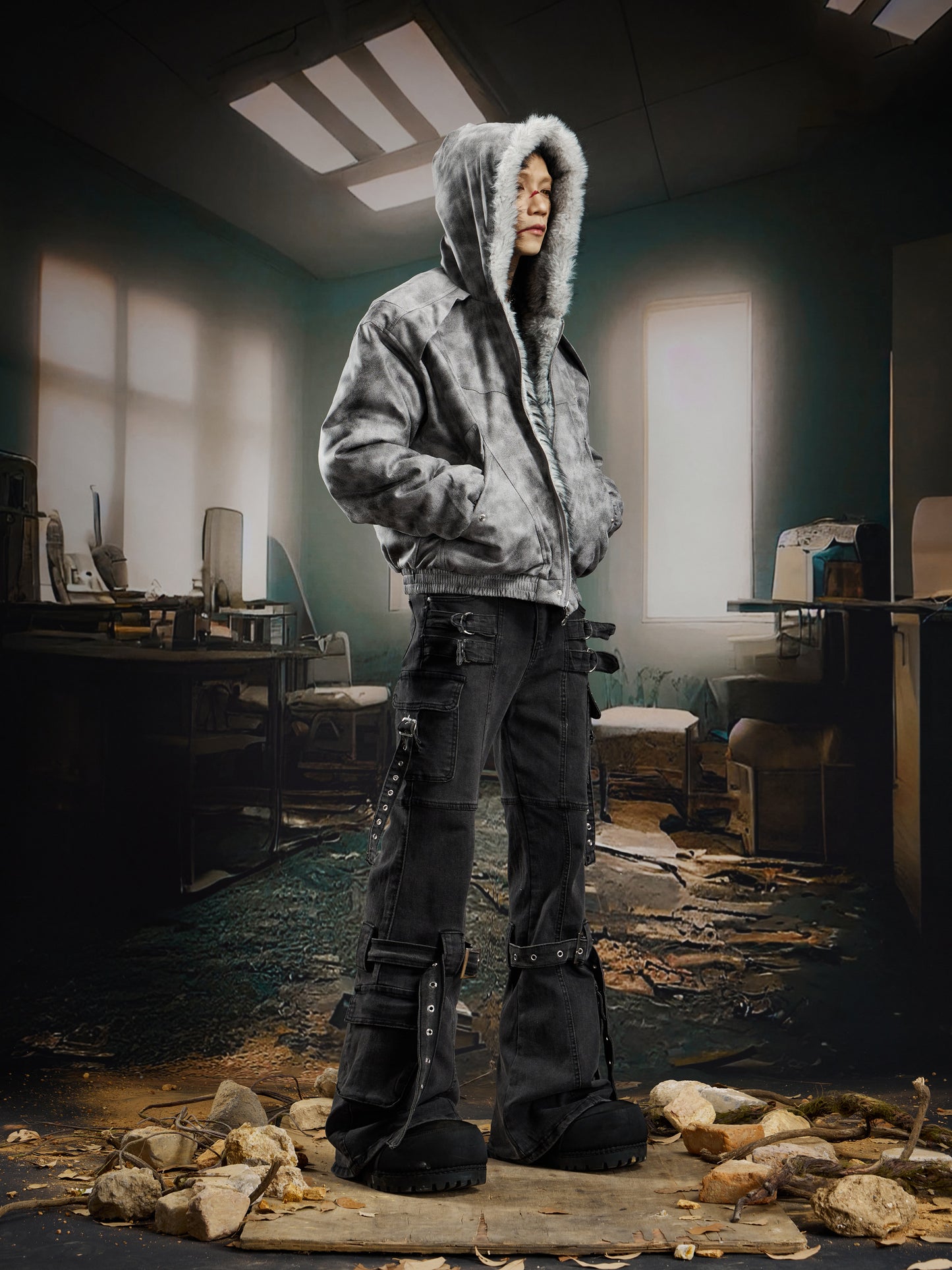 Washed Tie-Dye Suede Studded Fake Fur Hooded Puffer Jacket WN22756