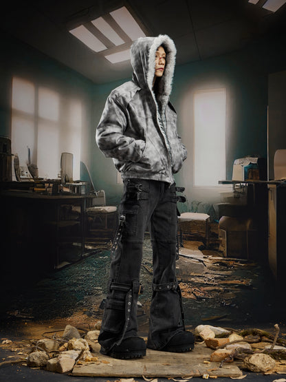 Washed Tie-Dye Suede Studded Fake Fur Hooded Puffer Jacket WN22756