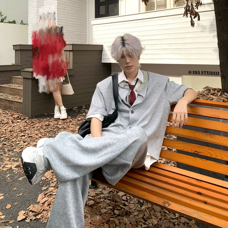 Hand-Beaded Short Sleeve Shirt & Wide Leg Sweatpants Setup WN19813