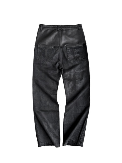 Double Waist PU Leather Patchwork Damage Denim Jeans WN27081