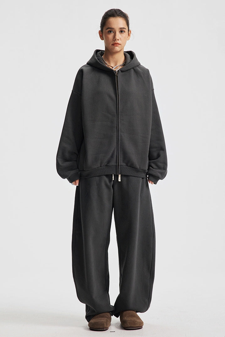 Fleece Lining Side Pocket Zipper Hoodie & Fleece Lining Wide Leg Sweatpants Setup WN23114