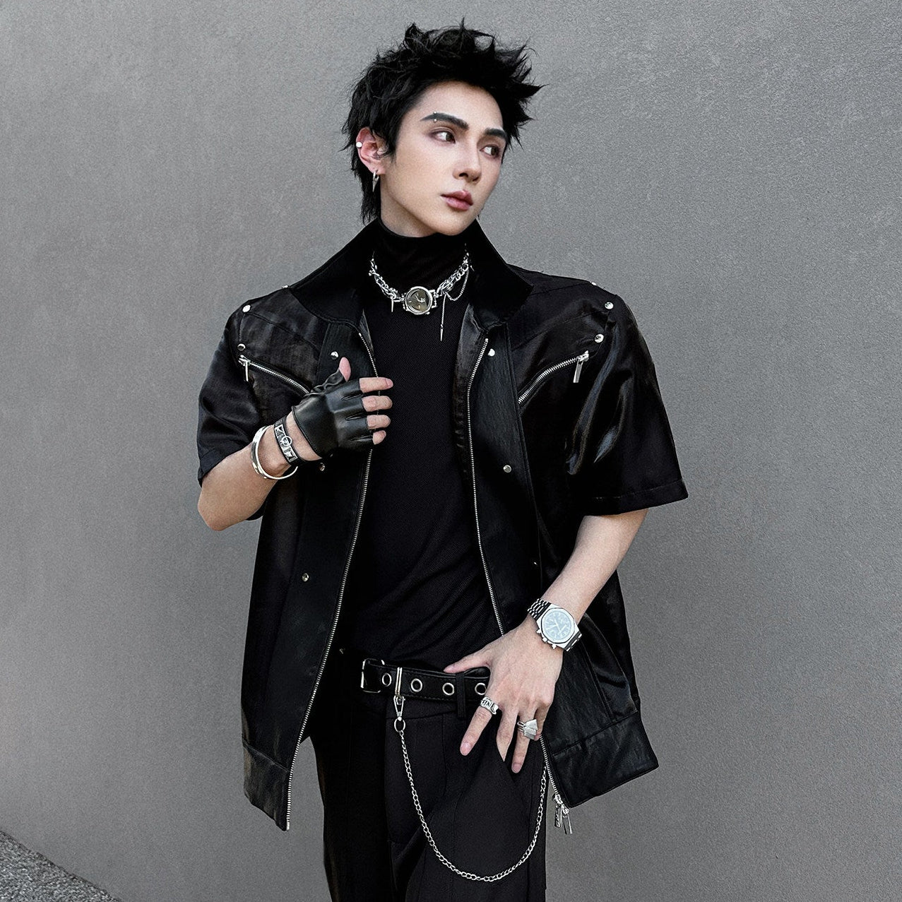 Lapel Zipper Short Sleeve Shirt Jacket WN25121