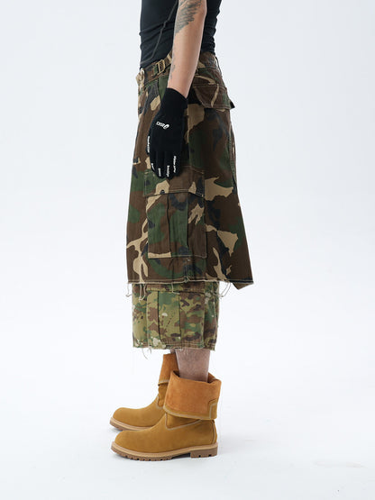 Camouflage Patchwork Fake Layered Multi Pocket Cargo Short Pants WN24346